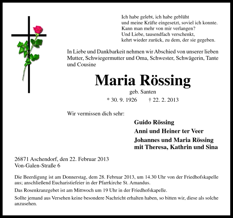 Traueranzeige für Maria Rössing vom 27.02.2013 aus Neue Osnabrücker Zeitung GmbH & Co. KG