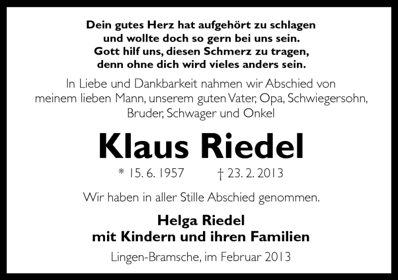  Traueranzeige für Klaus Riedel vom 28.02.2013 aus Neue Osnabrücker Zeitung GmbH & Co. KG