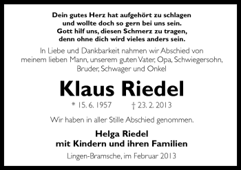 Traueranzeige von Klaus Riedel von Neue Osnabrücker Zeitung GmbH & Co. KG