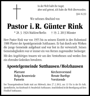 Traueranzeige von Günter Rink von Neue Osnabrücker Zeitung GmbH & Co. KG