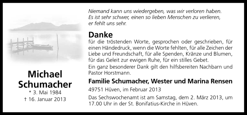  Traueranzeige für Michael Schumacher vom 27.02.2013 aus Neue Osnabrücker Zeitung GmbH & Co. KG