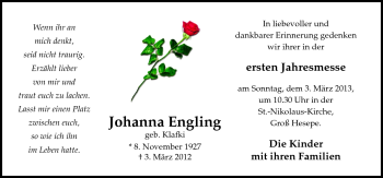 Traueranzeige von Johanna Engling von Neue Osnabrücker Zeitung GmbH & Co. KG
