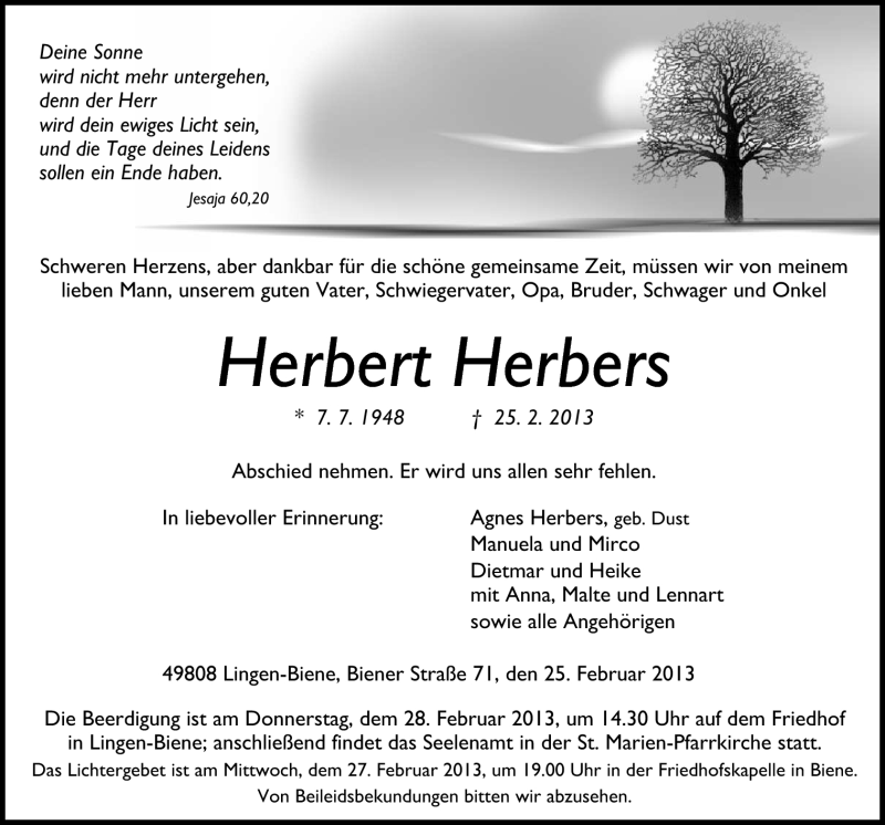  Traueranzeige für Herbert Herbers vom 27.02.2013 aus Neue Osnabrücker Zeitung GmbH & Co. KG