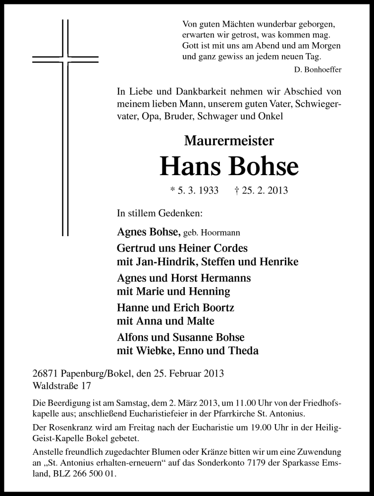  Traueranzeige für Hans Bohse vom 27.02.2013 aus Neue Osnabrücker Zeitung GmbH & Co. KG