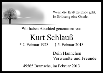 Traueranzeige von Kurt Schlauß von Neue Osnabrücker Zeitung GmbH & Co. KG