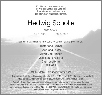 Traueranzeige von Hedwig Scholle von Neue Osnabrücker Zeitung GmbH & Co. KG
