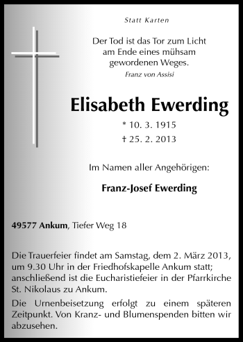 Traueranzeige von Elisabeth Ewerding von Neue Osnabrücker Zeitung GmbH & Co. KG