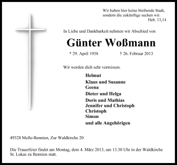 Traueranzeige von Günter Woßmann von Neue Osnabrücker Zeitung GmbH & Co. KG