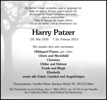 Traueranzeige von Harry Patzer von Neue Osnabrücker Zeitung GmbH & Co. KG
