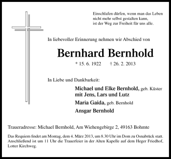 Traueranzeige von Bernhard Bernhold von Neue Osnabrücker Zeitung GmbH & Co. KG