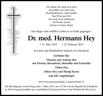 Traueranzeige von Hermann Hey von Neue Osnabrücker Zeitung GmbH & Co. KG