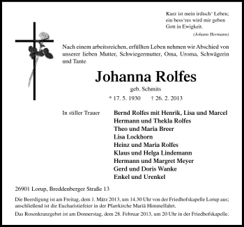 Traueranzeige von Johanna Rolfes von Neue Osnabrücker Zeitung GmbH & Co. KG