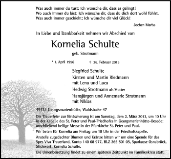 Traueranzeige von Kornelia Schulte von Neue Osnabrücker Zeitung GmbH & Co. KG