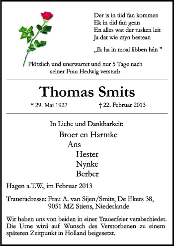 Traueranzeige von Thomas Smits von Neue Osnabrücker Zeitung GmbH & Co. KG
