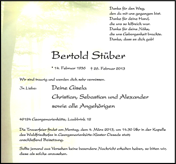 Traueranzeige von Bertold Stüber von Neue Osnabrücker Zeitung GmbH & Co. KG