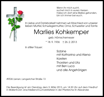 Traueranzeige von Marlies Kohkemper von Neue Osnabrücker Zeitung GmbH & Co. KG