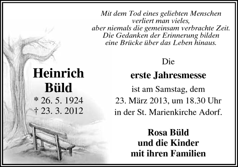 Traueranzeige für Heinrich Büld vom 20.03.2013 aus Neue Osnabrücker Zeitung GmbH & Co. KG