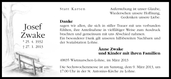Traueranzeige von Josef Zwake von Neue Osnabrücker Zeitung GmbH & Co. KG