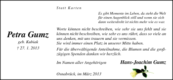 Traueranzeige von Petra Gumz von Neue Osnabrücker Zeitung GmbH & Co. KG