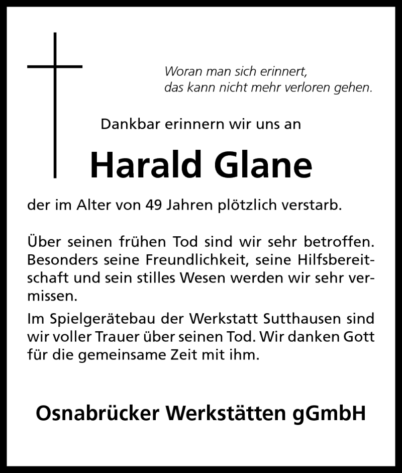  Traueranzeige für Harald Glane vom 01.03.2013 aus Neue Osnabrücker Zeitung GmbH & Co. KG