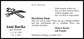 Traueranzeige von Anni Bartke von Neue Osnabrücker Zeitung GmbH & Co. KG