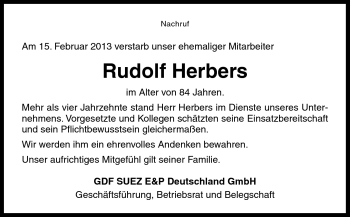 Traueranzeige von Rudolf Herbers von Neue Osnabrücker Zeitung GmbH & Co. KG