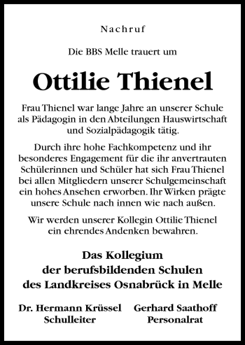 Traueranzeige von Ottilie Thienel von Neue Osnabrücker Zeitung GmbH & Co. KG