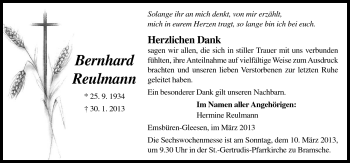 Traueranzeige von Bernhard Reulmann von Neue Osnabrücker Zeitung GmbH & Co. KG