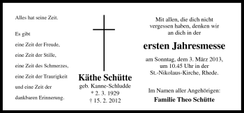 Traueranzeige von Käthe Schütte von Neue Osnabrücker Zeitung GmbH & Co. KG