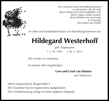 Traueranzeige von Hildegard Westerhoff von Neue Osnabrücker Zeitung GmbH & Co. KG