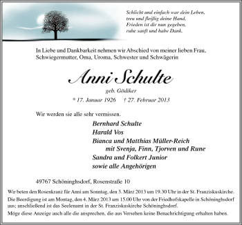 Traueranzeige von Anni Schulte von Neue Osnabrücker Zeitung GmbH & Co. KG