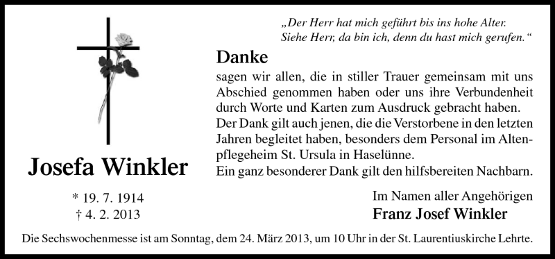  Traueranzeige für Josefa Winkler vom 16.03.2013 aus Neue Osnabrücker Zeitung GmbH & Co. KG