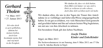 Traueranzeige von Gerhard Tholen von Neue Osnabrücker Zeitung GmbH & Co. KG