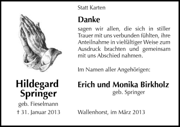 Traueranzeige von Hildegard Springer von Neue Osnabrücker Zeitung GmbH & Co. KG