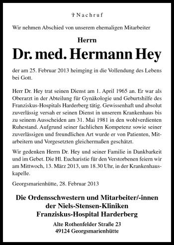 Traueranzeige von Hermann Hey von Neue Osnabrücker Zeitung GmbH & Co. KG