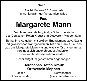 Traueranzeige von Margarete Mann von Neue Osnabrücker Zeitung GmbH & Co. KG