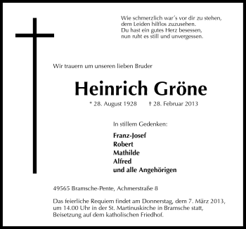 Traueranzeige von Heinrich Gröne von Neue Osnabrücker Zeitung GmbH & Co. KG