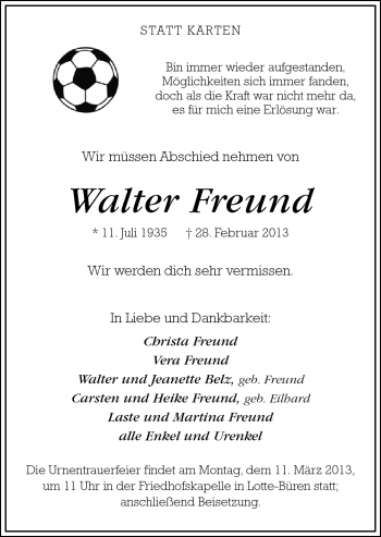 Traueranzeige von Walter Freund von Neue Osnabrücker Zeitung GmbH & Co. KG