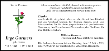 Traueranzeige von Inge Garmers von Neue Osnabrücker Zeitung GmbH & Co. KG