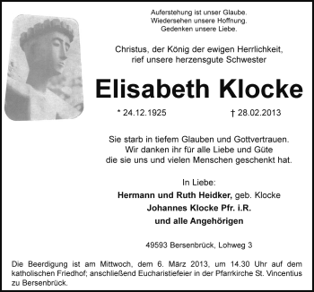 Traueranzeige von Elisabeth Klocke von Neue Osnabrücker Zeitung GmbH & Co. KG