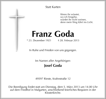 Traueranzeige von Franz Goda von Neue Osnabrücker Zeitung GmbH & Co. KG