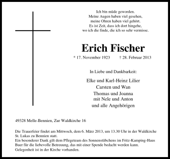 Traueranzeige von Erich Fischer von Neue Osnabrücker Zeitung GmbH & Co. KG