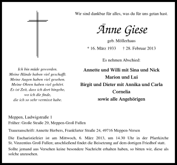 Traueranzeige von Änne Giese von Neue Osnabrücker Zeitung GmbH & Co. KG