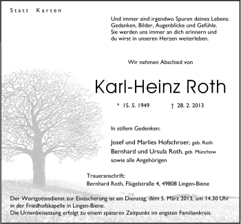 Traueranzeige von Karl-Heinz Roth von Neue Osnabrücker Zeitung GmbH & Co. KG