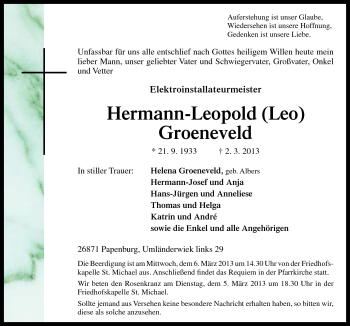 Traueranzeige von Hermann-Leopold Groneveld von Neue Osnabrücker Zeitung GmbH & Co. KG