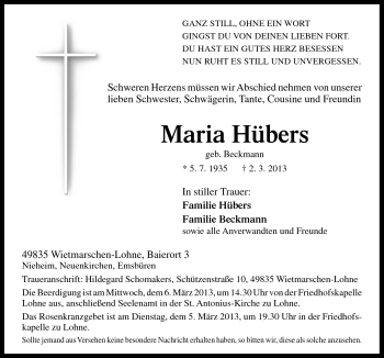 Traueranzeige von Maria Hübers von Neue Osnabrücker Zeitung GmbH & Co. KG