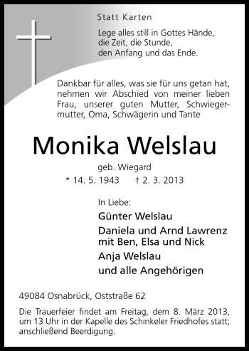 Traueranzeige von Monika Welslau von Neue Osnabrücker Zeitung GmbH & Co. KG