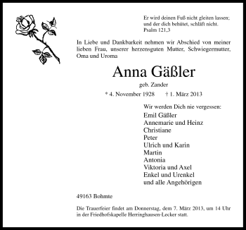 Traueranzeige von Anna Gäßler von Neue Osnabrücker Zeitung GmbH & Co. KG