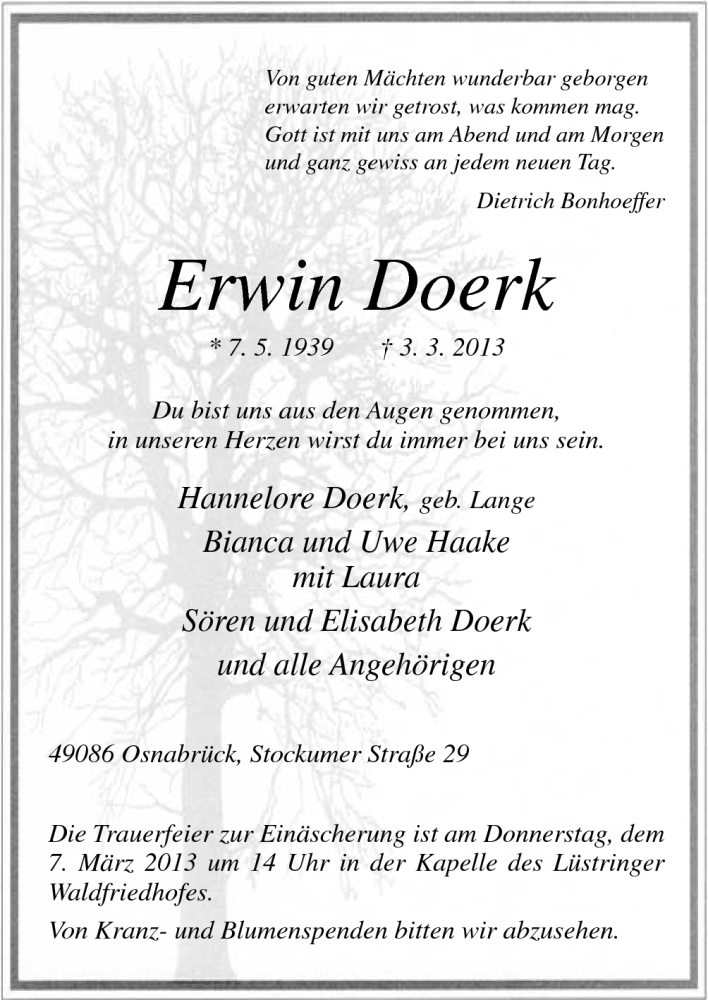  Traueranzeige für Erwin Doerk vom 05.03.2013 aus Neue Osnabrücker Zeitung GmbH & Co. KG