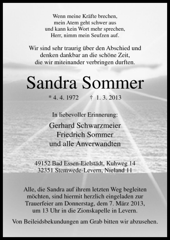 Traueranzeige von Sandra Sommer von Neue Osnabrücker Zeitung GmbH & Co. KG